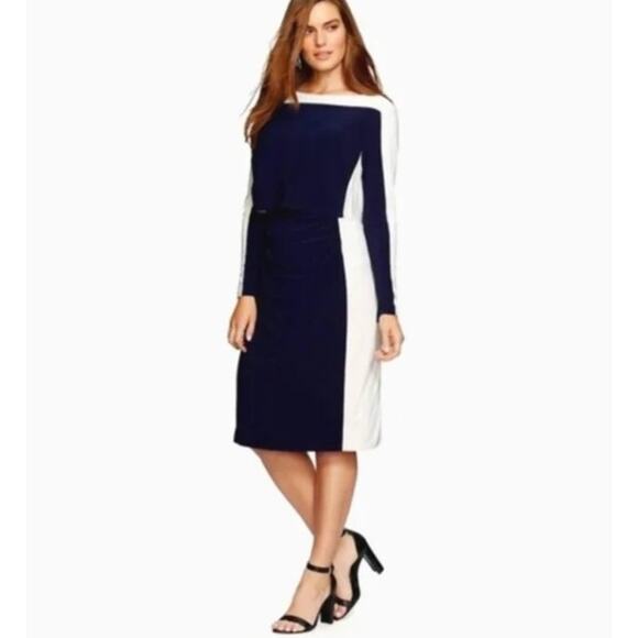 Lauren Ralph Lauren Womens Sheath Dress 14P Navy Cream Color Block Layered - Picture 1 of 15